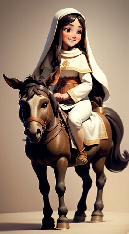 masterpiece, best quality, detailed face, a cartoon of Virgin Mary smiling, riding a donkey, (((full body))).
