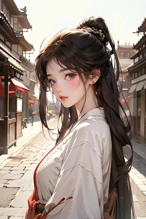 frontage、facing the front there、shot from front、masutepiece, Best Quality, 8K, Cinematic Light, 超A high resolution, chinese art, Chinese paintings, Upper body, in a street,femele、I have bangs、High nose like a European