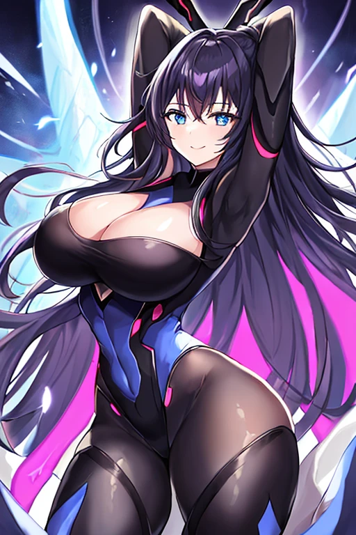 1girl, black hair, large breasts, breasts, thick thighs, wide hips, blue eyes, bodysuit, black bodysuit, long hair, light smile, happy, science-fiction, tech, futuristic, purple clothes, machinery, anime style, 2d, anime screencap, leotard, thigh strap, arm strap, sway hips, hip sway, sway, swaying hips, moving hips, dance, dancing, hands behind head, arms behind back