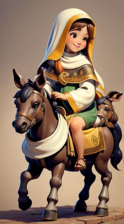 masterpiece, best quality, detailed face, a cartoon of Virgin Mary smiling, riding a donkey, (((full body))).