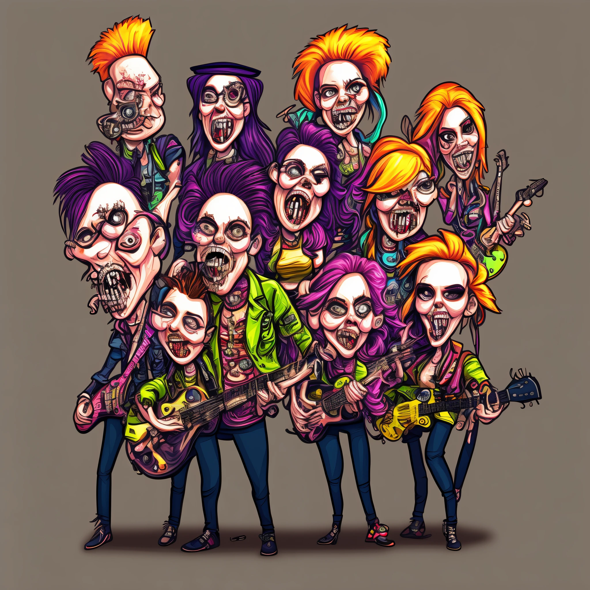 colorful caricature punk rock zombie band, microphone, full body, centered, hi detailed , 4k vector art , hand drawing .