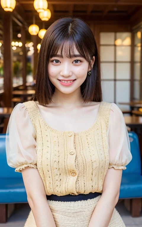 1womanl, 20yr old、Colossal tits ((Beautiful shiny straight semi-long:1.2)),Beautiful fingers,Beautiful long legs,Beauty Body,Cute nose,Beautiful bare skin、perfect eyes,Perfect and realistic face,ighly detailed ,(tmasterpiece:1.0),(best_quality:1.0), 超A high resolution,4K,ultra - detailed, photography of, 8K, nffsw, hight resolution, the background is blurred, (Beautiful_Face:1.5)、(The background is a café restaurant at night:1.3),(White Brown Sheer Flared Long Skirt:1.3),(Colossal tits) Backgrounds with depth Three-dimensional feeling ((White Beige Knit Ultra Fine Yarn Camisole、Very fine buttons:1.4)) (Beautiful large breast、Eyes are blue、Hair is pink、Beautiful like a model in a cute yellow miniskirt、kawaii、A refreshing smile、university campus、Outside on a sunny day