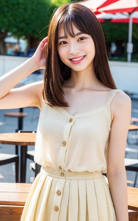 1womanl,  20yr old、Colossal tits　((Beautiful shiny straight semi-long:1.2)),Beautiful fingers,Beautiful long legs,Beauty Body，Cute nose，Beautiful bare skin、perfect  eyes，Perfect and realistic face，ighly detailed ，（tmasterpiece:1.0),(best_quality:1.0), 超A high resolution,4K,ultra - detailed, photography of, 8K, nffsw, hight resolution, the background is blurred, (Beautiful_Face:1.5)、(The background is a café restaurant at night:1.3),(White Brown Sheer Flared Long Skirt:1.3),(Colossal tits) Backgrounds with depth　Three-dimensional feeling　((White Beige Knit Ultra Fine Yarn Camisole、Very fine buttons:1.4)) (Beautiful large breast、Eyes are blue、Hair is pink、Beautiful like a model in a cute yellow miniskirt、kawaii、A refreshing smile、university campus、Outside on a sunny day