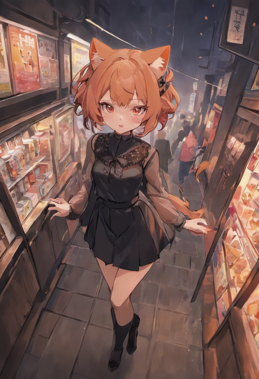 ((24 year old female nekomimi)), black lace crop top with a sheer black mesh top underneath, black and grey plaid skirt, black lace tights, black boots、portrait 、short fluffy black hair chin length bob no bangs、grey eyes、gaming room、Standing、black fluffy cat tail, black cat ears, ((Expression of joyful)) , looking at viewer, masterpiece