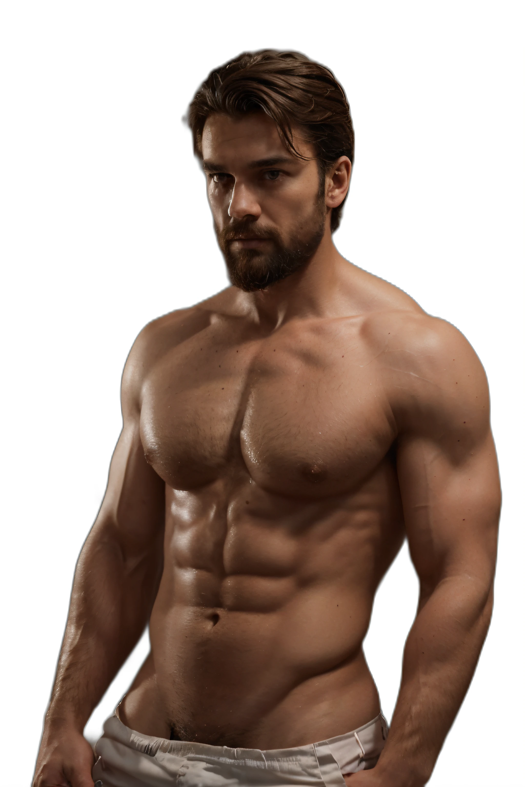 en haut、Faites a bel homme muscle de 30 ans, torse nu, habiller en short blanc, cheveux et barbe bruns, (Utiliser la barbe,) Attractive and serious appearance, short and dark hair, Rasage ajusté à la combinaison et au corps fort, (highly quality, Realistic visuals), Noir foncé et clair sur le fond de l'image, Style de film, ((Highest quality, 8k, tmasterpiece), Ultra High Definition Photo, (Beautiful detailed faces, Detail of skin texture, Hyper-detailed body:1.1)