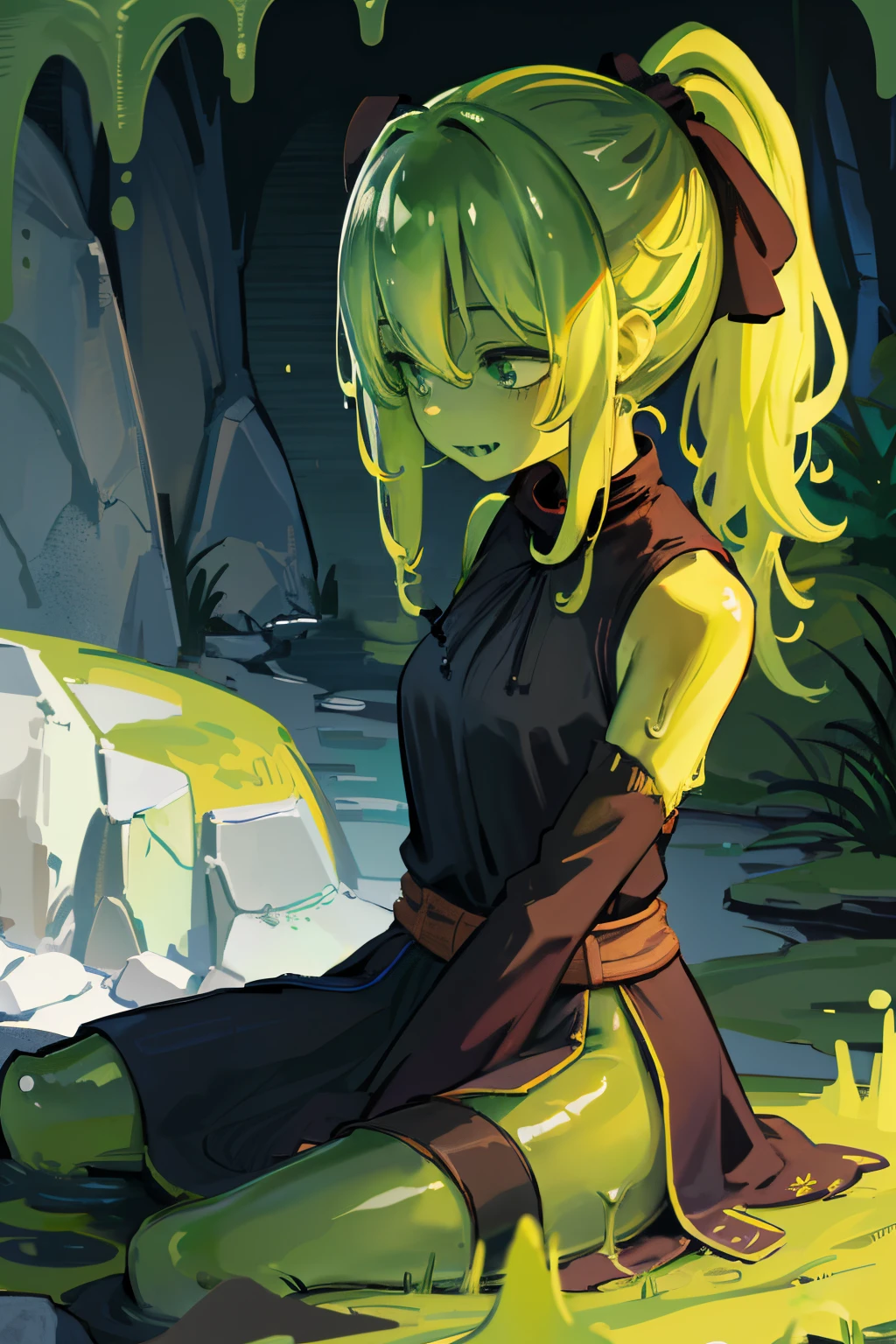 A green slime girl, double ponytail hair, green skin, green, cave background, medieval clothes, poor clothes, gray and black clothes, monster girl, happy expression
