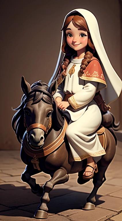 masterpiece, best quality, detailed face, a cartoon of Virgin Mary smiling, riding a donkey, (((full body))).