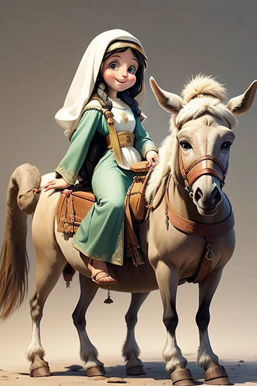 masterpiece, best quality, detailed face, a cartoon of Virgin Mary smiling, riding a donkey, (((full body))).