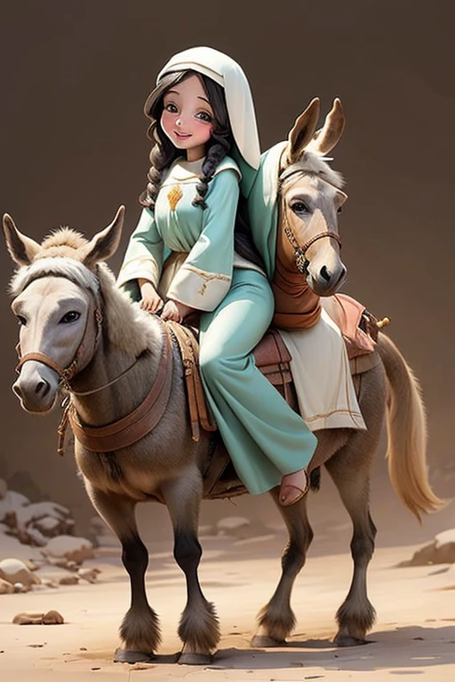 masterpiece, best quality, detailed face, a cartoon of Virgin Mary smiling, riding a donkey, (((full body))).