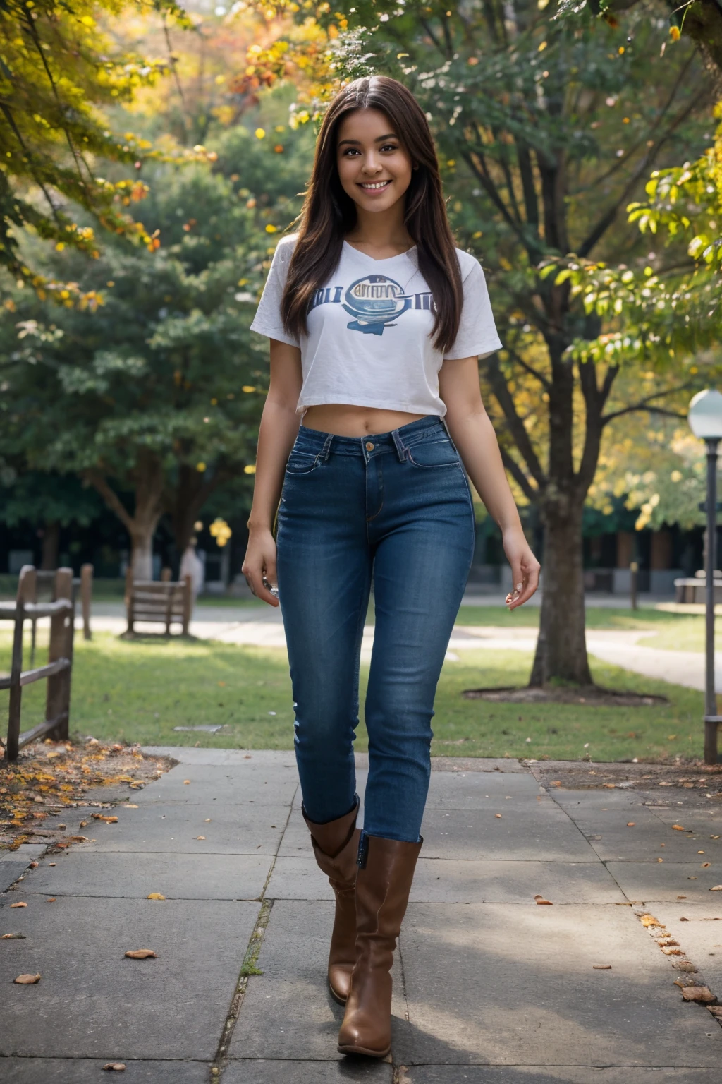 A hyper realistic full body raw photo, detailed high resolution in 4K HD, Canon Mark VI, f5.6, of a pretty 20 year old Latin girl, smiling with a perfect smile, dientes blancos de labios carnosos y suaves, de cabello largo, brown and straight, textura de piel ultra realista color morena, de 1.70 metros de altura, con una blusa de tirantes azul marino, pantalones jeans ajustados, with long brown boots, walking in an empty park in autumn, with lots of vegetation, plano visible no desenfocado.