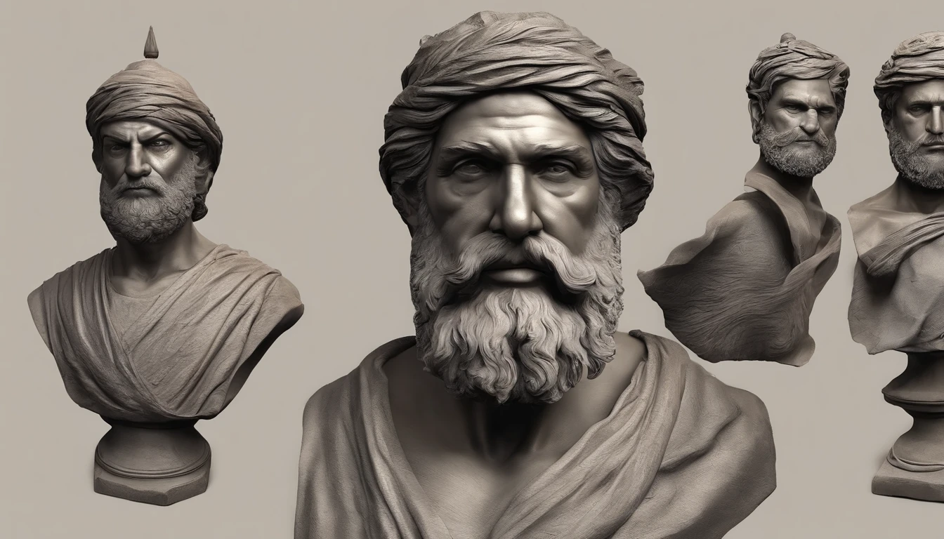 Statue of Greek philosophy with beard and muscles, kinematics, 8k, fondo oscuro, detailed symmetric realistic face, Textura natural extremadamente detallada, peach fuzz, pelo corto, Pieza maestra, absurdos, Foto premiada por Lee Jeffries, Nikon Film Stock D850 Photography, Kodak Portra 400 camera F1.6 lentes, extremadamente detallado, asombroso, Detalles finos, colores ricos, Textura hiperrealista, Dramatic lighting, UnrealEngine, tendencias en Artstation, CineStill 800 Tungsteno, Mirando al espectador, foto realista, foto RAW , TanvirTamim, Alta calidad, High resolution, foco nítido, extremadamente detallado, cinematic lighting, 8k UHD,