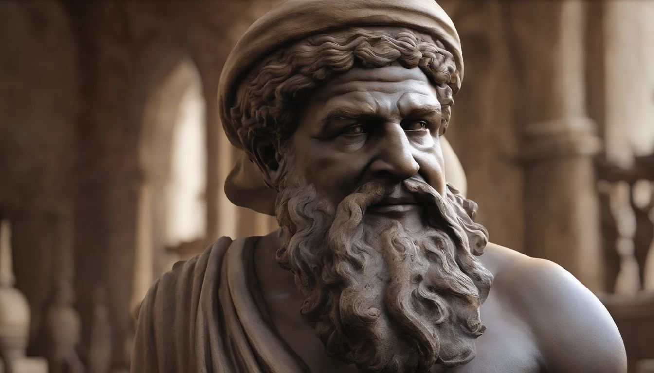 Statue of Greek philosophy with beard and muscles, kinematics, 8k, fondo oscuro, detailed symmetric realistic face, Textura natural extremadamente detallada, peach fuzz, pelo corto, Pieza maestra, absurdos, Foto premiada por Lee Jeffries, Nikon Film Stock D850 Photography, Kodak Portra 400 camera F1.6 lentes, extremadamente detallado, asombroso, Detalles finos, colores ricos, Textura hiperrealista, Dramatic lighting, UnrealEngine, tendencias en Artstation, CineStill 800 Tungsteno, Mirando al espectador, foto realista, foto RAW , TanvirTamim, Alta calidad, High resolution, foco nítido, extremadamente detallado, cinematic lighting, 8k UHD,