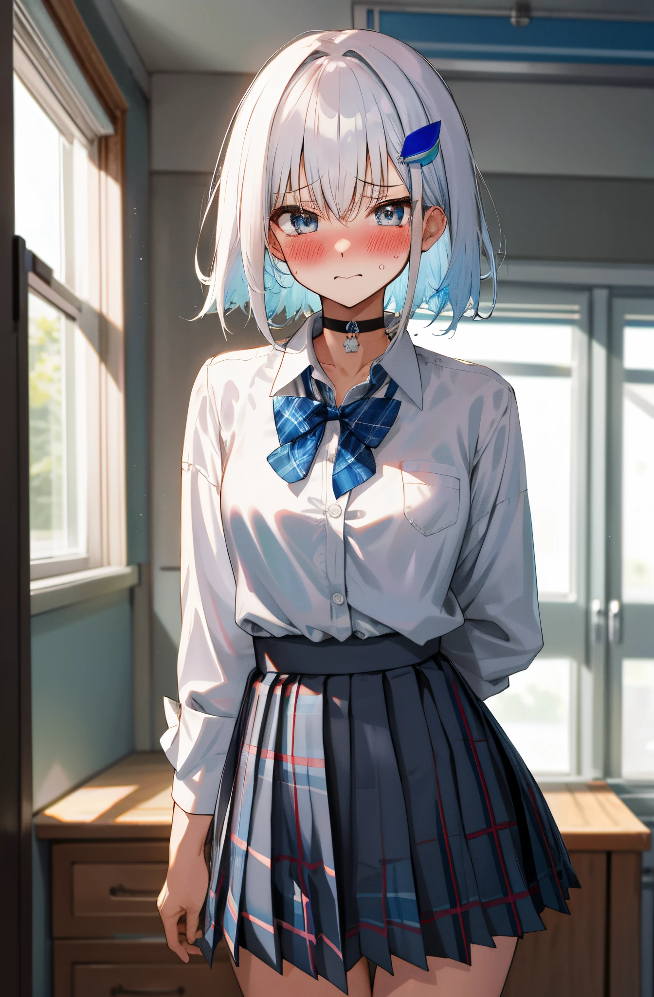 One girl with short messy hair, white hair, blue inner hair, looking at viewer, embarrassed, blushing, tears, indoor , bedroom, ??????? shirt, school uniform, white shirt, bowtie, pleated skirt , plaid mini skirt, mini skirt, bra, lace bra, shoulders, slim, dizzy, choker, mid-chest, wide hips, perfect waist, spread legs, day atmosphere, hair ornament, standing, spreads shirts, showing breasts, breasts, nudity, nude, (embarrassed:1.0)