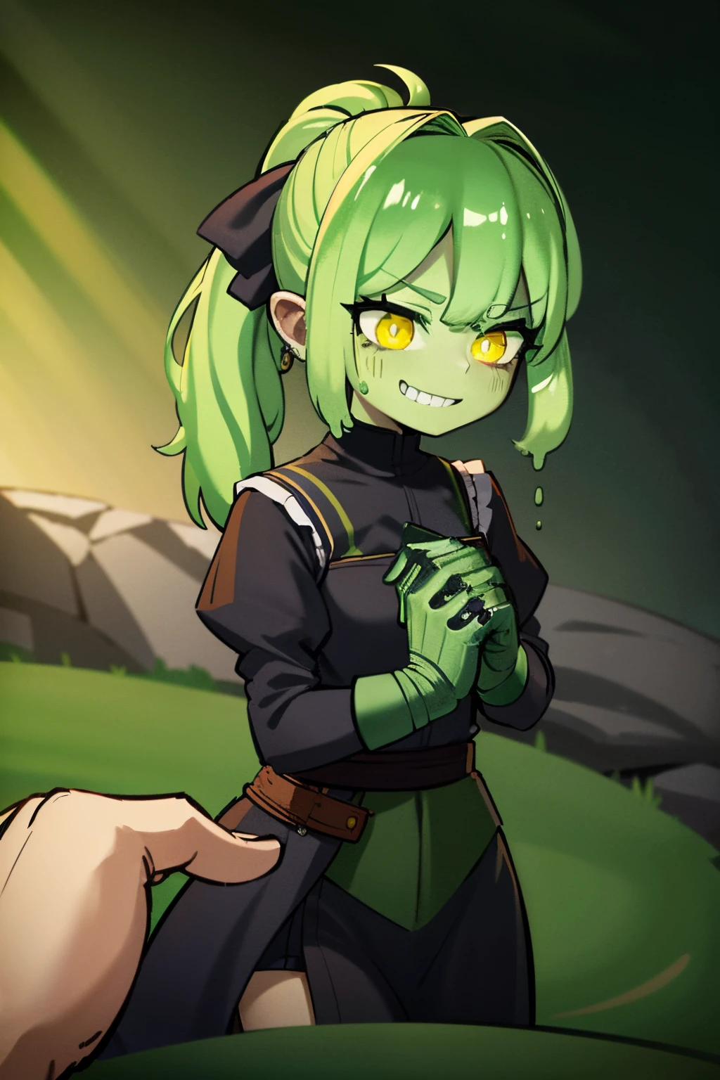 A green slime girl, ((double ponytail hair)), long hair, green skin, green, cave background, medieval clothes, poor clothes, gray and black clothes, monster girl, happy expression