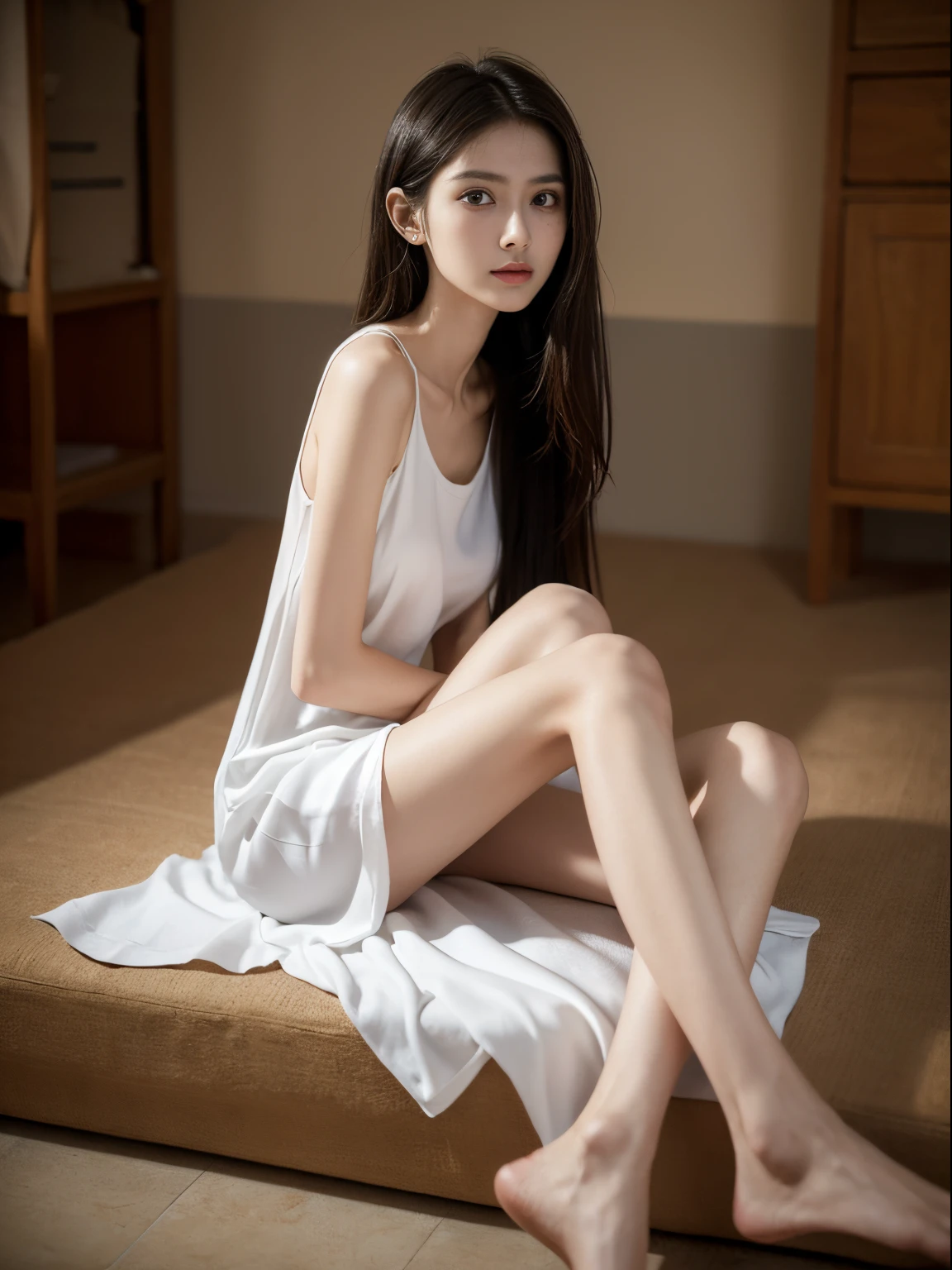 (Photorealistic),(Masterpiece),(ultra-detailed),a very pretty 20 year old girl who has not eaten for 10 years, extremely thin and frail, arm and legs extremely thin as a stick with no fat, extremely malnourished,smiling faintly,big eyes, feeling but enduring extreme hunger, wearing a long and loose white silk dress, long hair,big eyes, extremely small face,have no fat,extremely weak,whole body,extremely feeble,sitting,legs and thighs extremely thin as arms,have almost no energy because she is extremely starving and malnourished, struggling to sit up,verge of starving to death,feeling extreme hunger