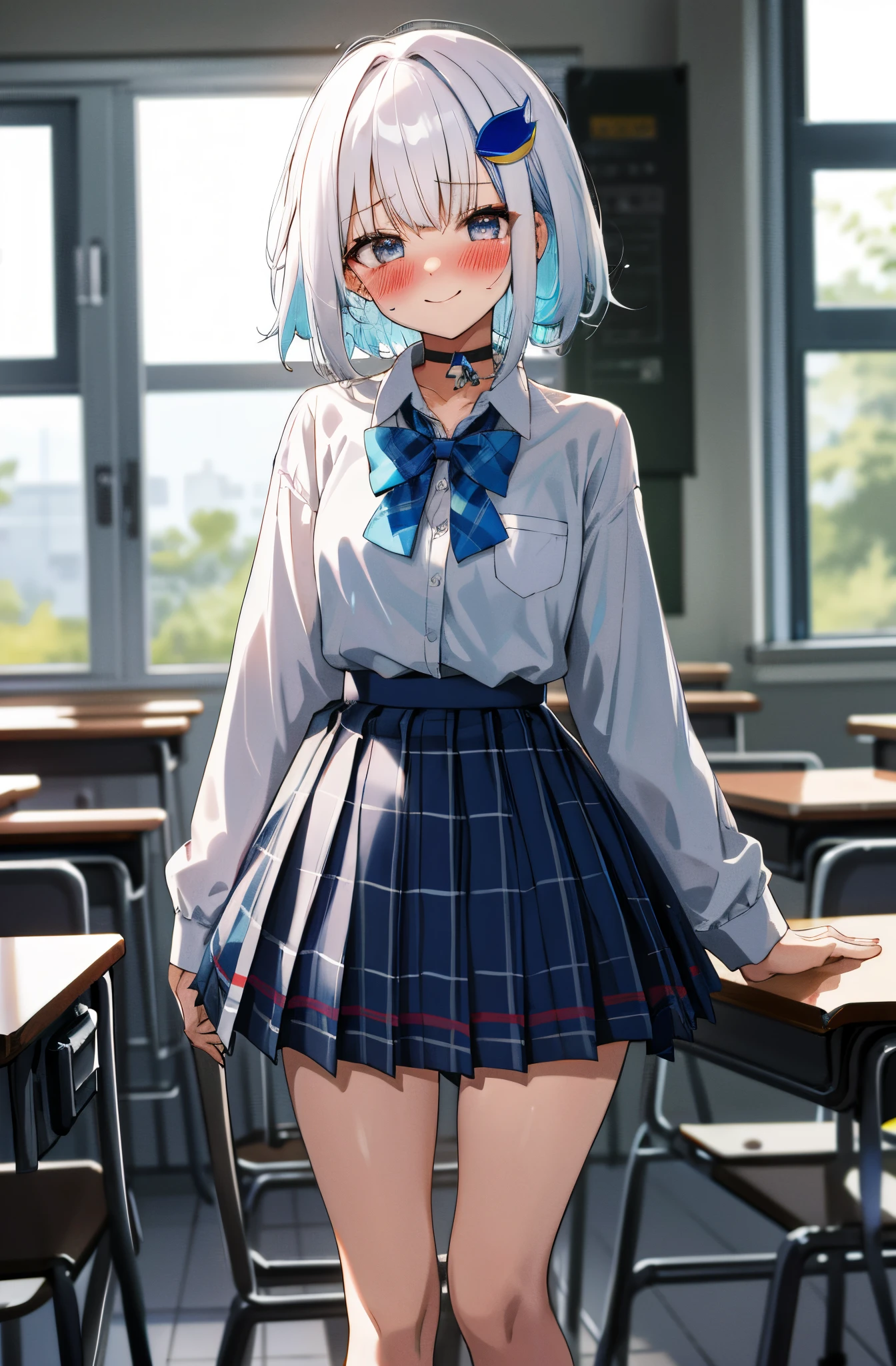 One girl with short messy hair, white hair, blue inner hair, looking at viewer, smiling, blushing, tears, indoor , classroom, school uniform, white shirt, bowtie, pleated skirt , plaid mini skirt, mini skirt, slim, dizzy, choker, mid-chest, wide hips, perfect waist, spread legs, day atmosphere, hair ornament, standing, (embarrassed:1.0)