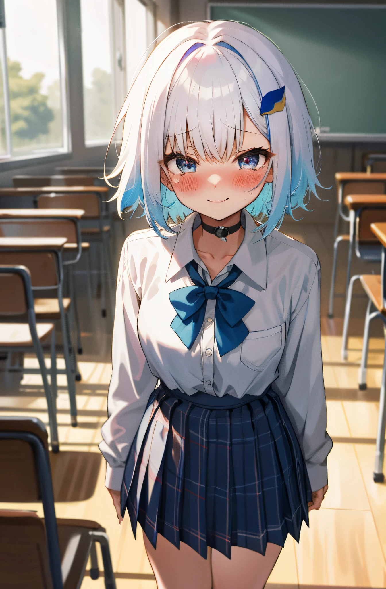 One girl with short messy hair, white hair, blue inner hair, looking at viewer, smiling, blushing, tears, indoor , classroom, school uniform, white shirt, bowtie, pleated skirt , plaid mini skirt, mini skirt, slim, dizzy, choker, mid-chest, wide hips, perfect waist, spread legs, day atmosphere, hair ornament, standing, (embarrassed:1.0)