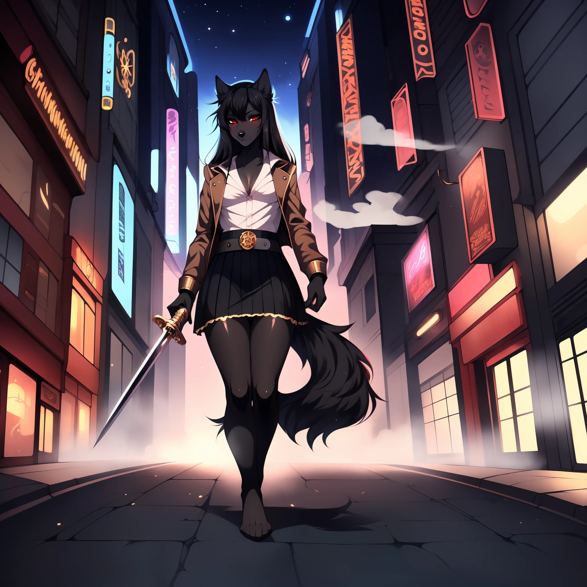 Solo:1.4, Natasha, black wolf, long black hair, red eyes, black wolf tail, wearing frilly steam punk jacket, steam punk skirt with belts, bare foot, bare legs, walking menacingly towards viewer, pov, holding a rapier in one hand, long straight rapier sword in hand, black gloves, in an open and large steam punk city, foggy, nighttime, absurdres, by fumiko