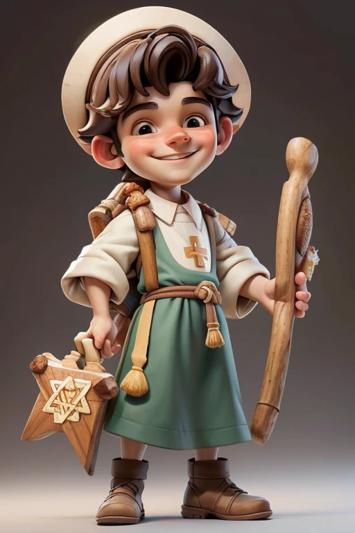 masterpiece, best quality, detailed face, a cartoon of young Saint Joseph smiling, wearing a jewish tunic, holding a simple wood crosier, (((full body))).
