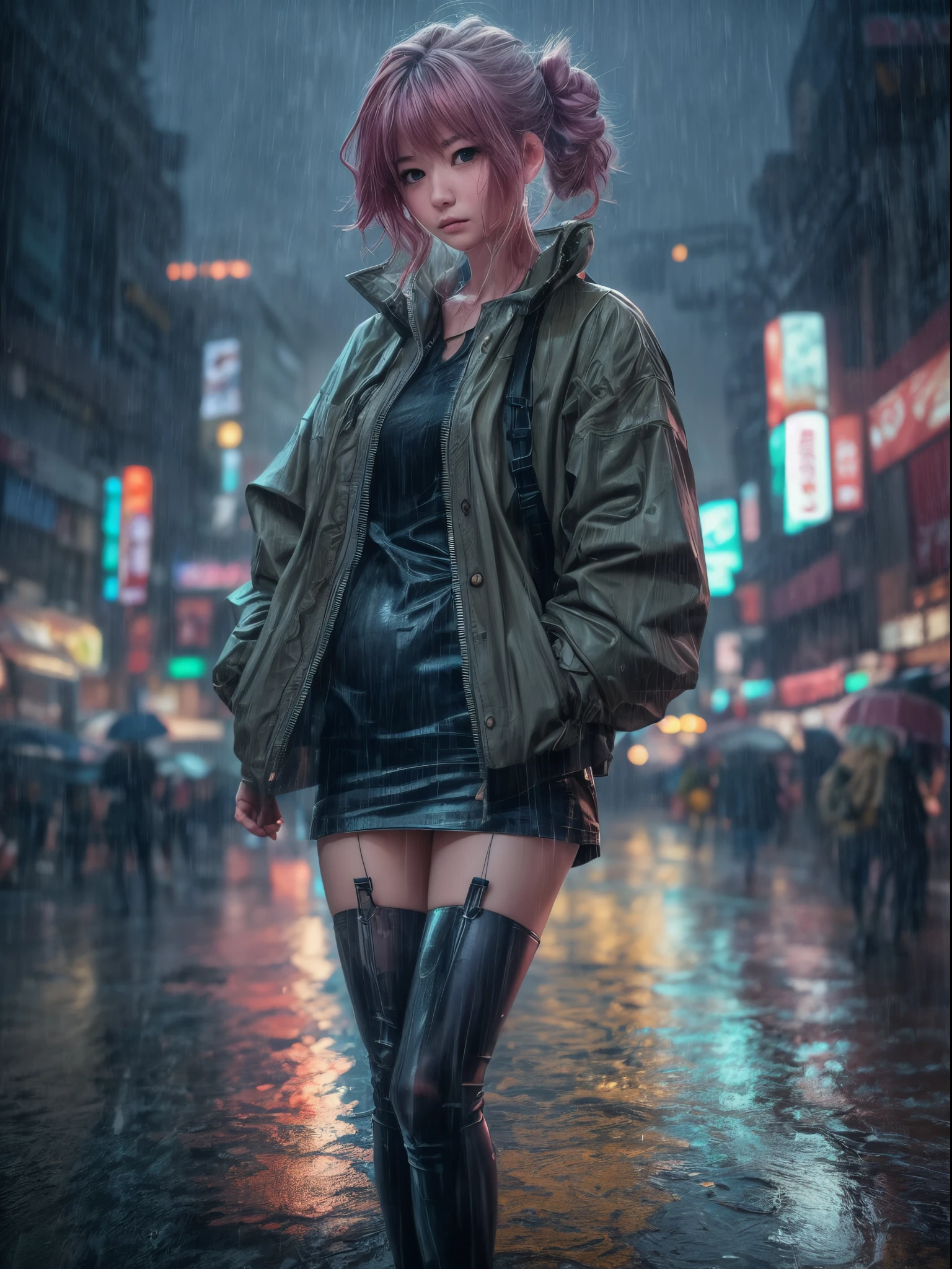 8k, RAW photo, best quality, masterpiece:1.2),(realistic, photo-realistic:1.37),Tokyo street,night, rain, wet,cityscape,night, cyberpunk city,soft light,1girl,, extremely beautiful face,bust,put down hands,Random hairstyle,Random hair color,Random expression,pigsney