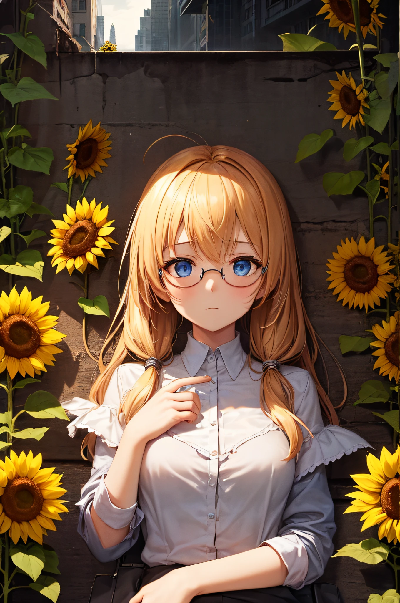 Visualize the girl with blue eyes, wearing round glasses, her blonde hair in side twintails fallen and resting on her shoulders. She lies in a thoroughly destroyed cyberpunk environment where the night stars are concealed by the incessant glow of futuristic vehicles and aircraft. In her hand, she holds a lone sunflower, forcibly removed by someone. Her gaze is neutral, slightly melancholic, yet deeply contemplative.
In the chaotic and ravaged setting, the girl stands out against the lost natural beauty. The remnants of the sunflower, once a radiant symbol of hope, now rest in her hands, torn away by unkind hands. Her blue eyes reflect a conscious sadness for the loss, while the round glasses add a touch of vulnerability to her expression.
The absence of nighttime stars is replaced by the artificial and frenetic glow of vehicles and aircraft, encapsulating the desolate and futuristic atmosphere. The girl, lying amid this devastated landscape, cradles the lone sunflower with an expression that transcends sorrow, conveying profound reflection on the fragility of nature in a world corroded by technology and destruction. The scene is purposefully centered around the presence of just one sunflower, emphasizing its singular significance in her hands.