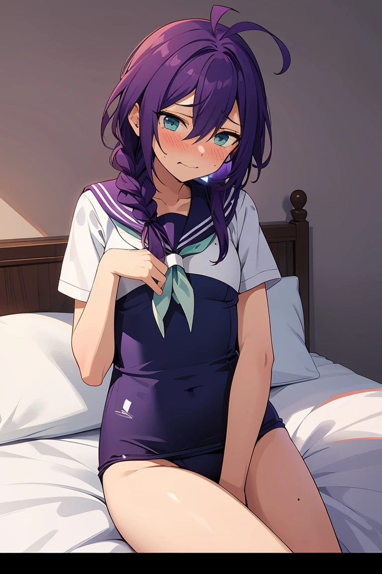 long hair, mole under mouth, purple hair, single braid, hair between eyes, aqua eyes, ahoge, 1girl, blush, cowboy shot, lying on bed, sailor school swimsuit, shy, embarrassed