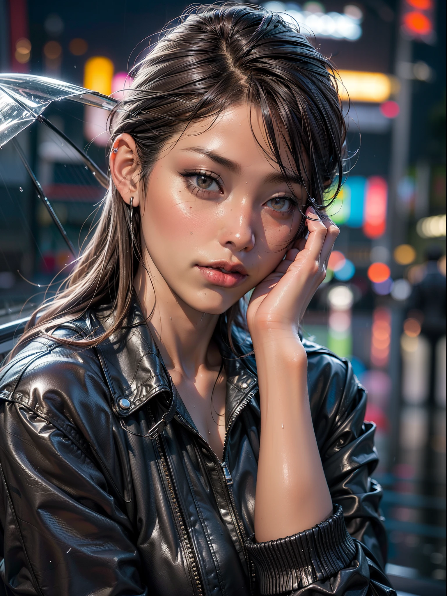 8k, RAW photo, best quality, masterpiece:1.2),(realistic, photo-realistic:1.37),Tokyo street,night, rain, wet,cityscape,night, cyberpunk city,soft light,1girl,, extremely beautiful face,bust,put down hands,Random hairstyle,Random hair color,Random expression,pigsney