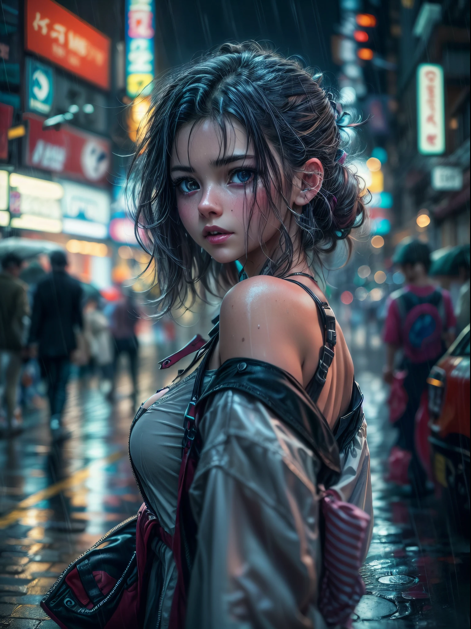 8k, RAW photo, best quality, masterpiece:1.2),(realistic, photo-realistic:1.37),Tokyo street,night, rain, wet,cityscape,night, cyberpunk city,soft light,1girl,, extremely beautiful face,bust,put down hands,Random hairstyle,Random hair color,Random expression,pigsney