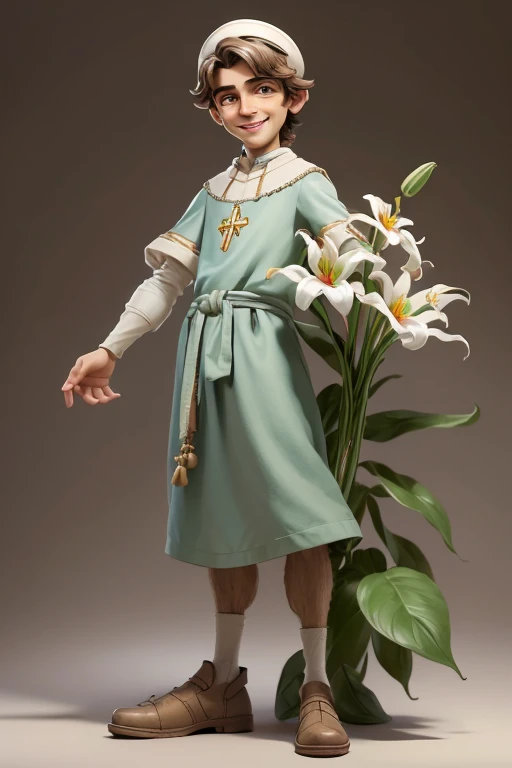 masterpiece, best quality, detailed face, a cartoon of young Saint Joseph smiling, wearing a jewish tunic, holding a Lilium longiflorum, (((full body))).