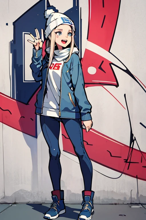 (​masterpiece:1.2、top-quality)、(graffiti wall:1.15)、1lady、Beanie、jaket、leggins、blue eyess、full body Esbian、expression with open mouth、speaking expressions、Laughing expression、look at side、great laughter、