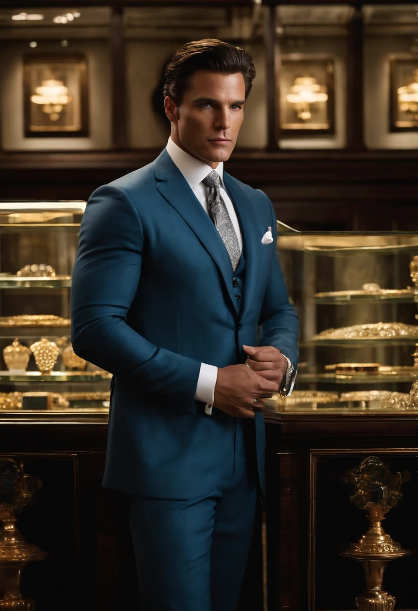 A photo of Bruce Wayne standing in front of a luxurious jewelry store, holding a magnifying glass.,Batman,Bruce Wayne, the man behind the Batman persona, is a striking figure with a tall, athletic build and sharp, handsome features, often dressed in the finest suits as befitting his status as a billionaire playboy. His dark hair and piercing gaze give him a commanding presence, yet there’s always a hint of the enigmatic in his demeanor.