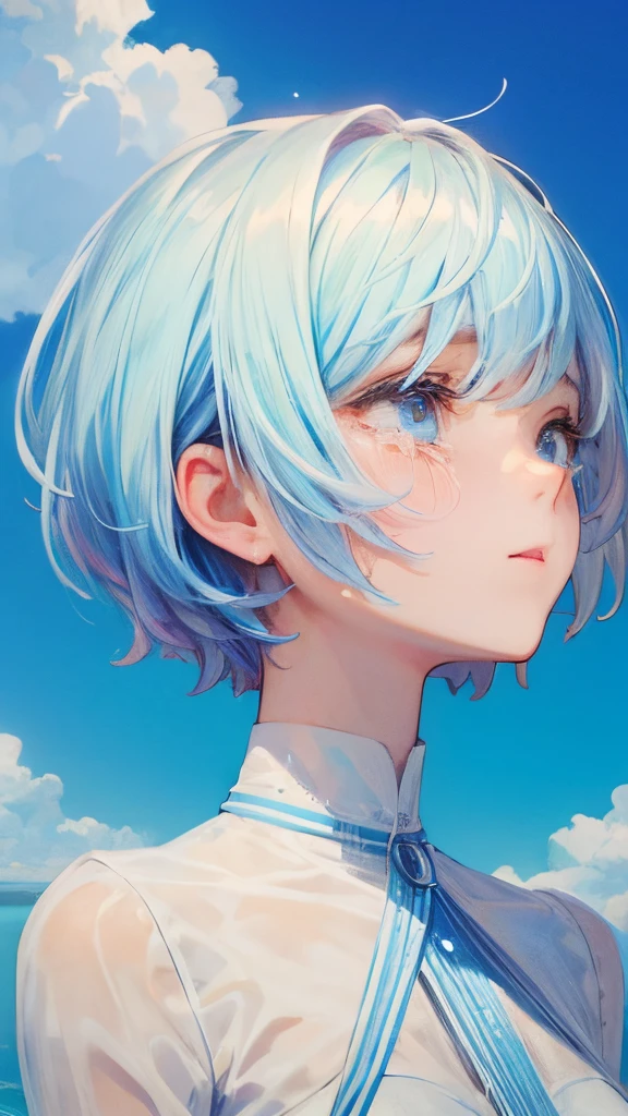 Crying face,Transparent woman,short-cut,refreshing,blue-sky,look up sky,full bodyesbian