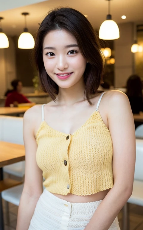 High resolution, masterpiece, 1girl, A very cute face like an idol, Looks like a young face, 18 year old, Gentle and cute, A kind smile, Cleavage, in the morning market, whole body, RAW Photos, Genuine, live-action, Artistic,