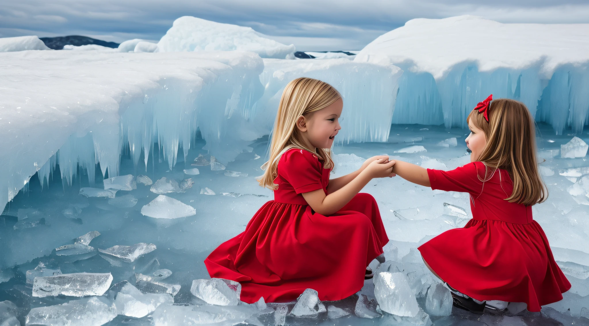 BLONDE CHILD KIDS in a red dress, COLD, ICE.