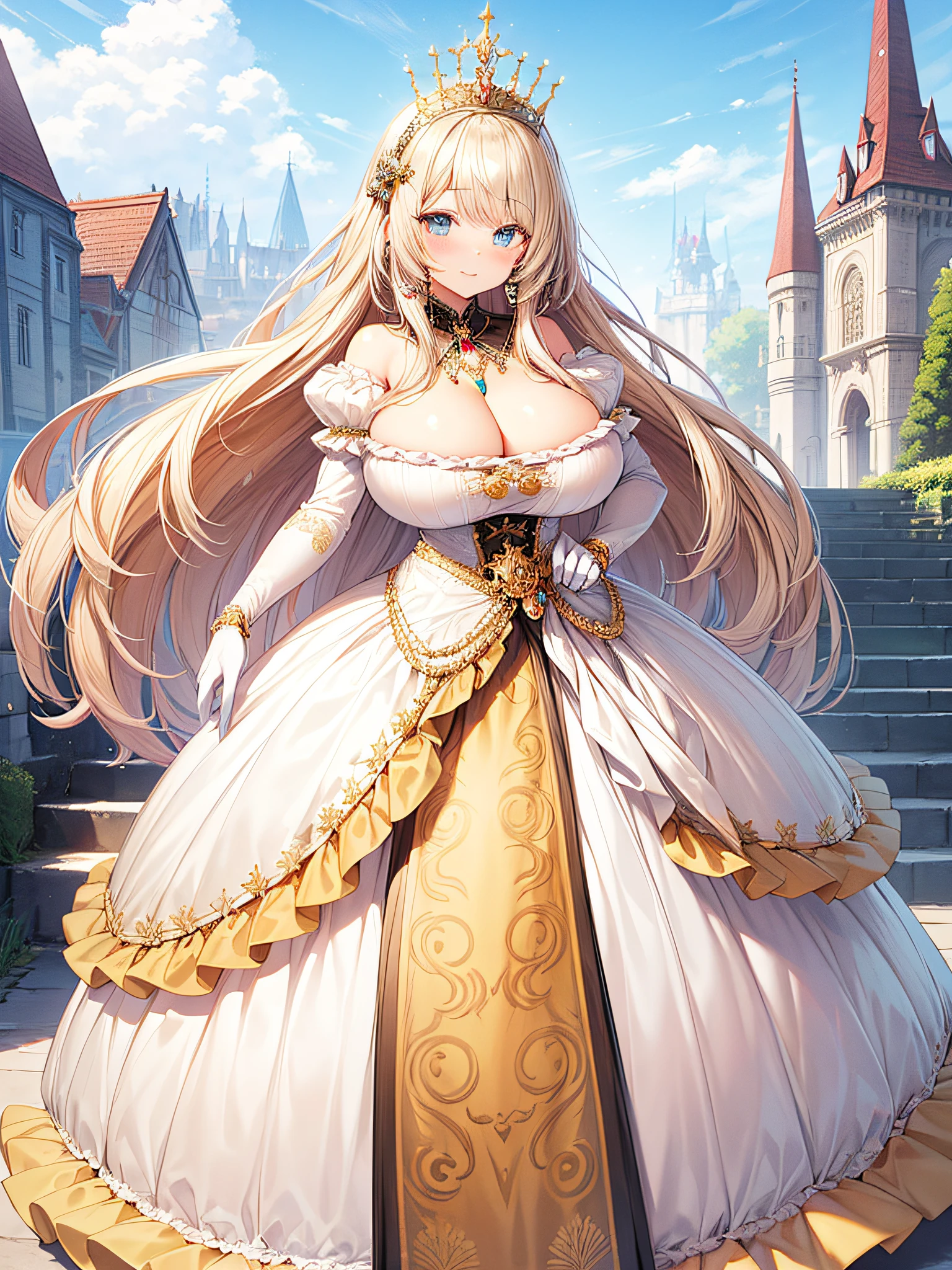 anime artstyle,Masterpiece,(Best Quality),(Super Detail),(Very Delicate and Beautiful),(Solo),((full body portrait)),full body,full body portrait,(detailed face and eyes),jewel-like beautiful eyes,(gorgeous rococo ballgown decorated with frilled voluminous full length hoop skirt),((1 princess in a beautiful embroidery and jeweled gorgeous rococo ballgown with voluminous full length hoop skirt)),((Crinoline)),super detailed gorgeous rococo ballgown with frilled voluminous full length hoop skirt,(large amount of straight hair,extremely voluminous Very Long straight Hair,Absolutely Long Straight Hair),((gigantic boobs)),cleavage,(fantasy castle,outdoors,outside the castle),long_gloves,extremely gorgeousfull jeweled hair ornament,bling-bling extremely gorgeousfull jeweled tiara,(luxurious jewelry),full body portrait