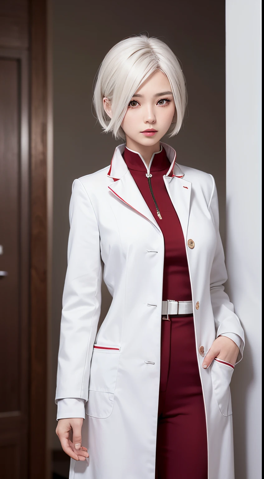 Realistic anime style, from the front, woman, oriental, 20 years old, dark eyes, short white hair, a red oriental outfit covered by a white coat, in an oriental clinic