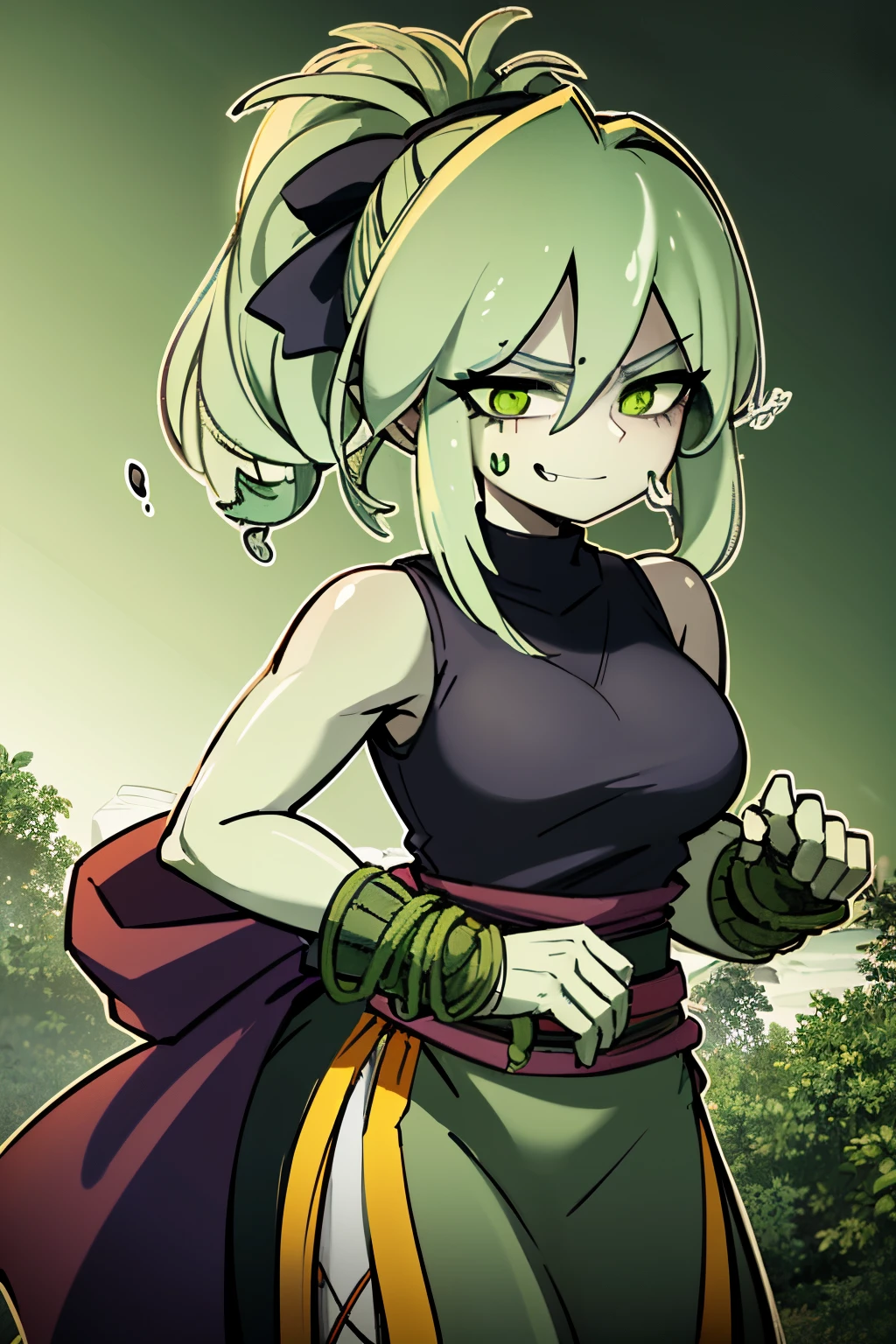 A green slime woman, mature woman, ((double ponytail hair)), long hair, green skin, green, cave background, medieval clothes, poor clothes, tanktop, gray and black clothes, monster girl, happy expression