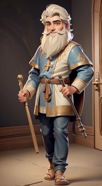 masterpiece, best quality, detailed face, a cartoon of young Saint Joseph smiling, wearing a jewish tunic, beard, holding a walking cane, (((full body))).