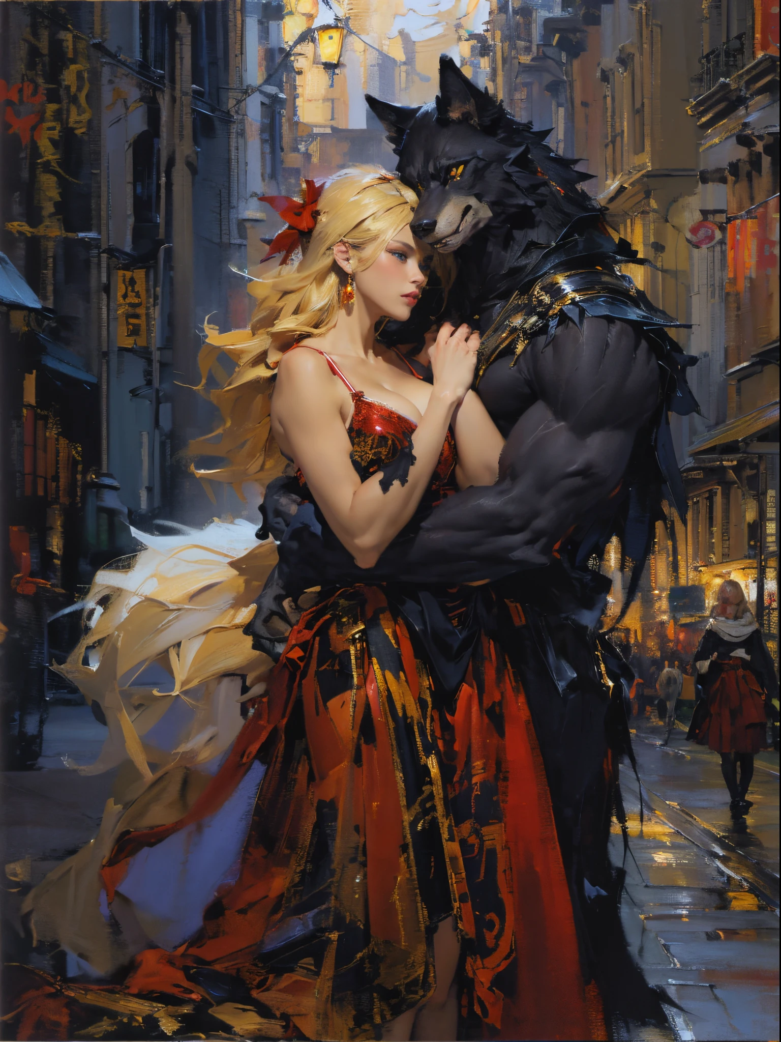 Depicts a strong werewolf hugging a blonde girl,(((black humanoid wolf))),(((Black furry humanoid wolf))),(((Strong werewolves))),(((muscular werewolf))),(((slim sexy girl))),(((Blonde girl))),(((Girls wear:red head band, white bustier, red long skirt,laced dress))),((Sexual suggestiveness)),Correct anatomy,详细的脸, 詳細な目,(((the right proportions))),City at night,The lights came on,scene of serious conflict,Warm color palette,(post impressionist),(Fechin Oil Painting - Fechin Oil Painting , oil painted), 04,4