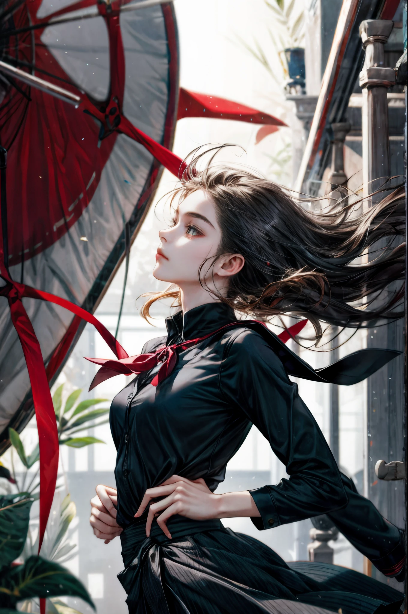 Running Girl　15yo student　Fluttering skirt　Long hair that reaches to the waist　Wearing a perm