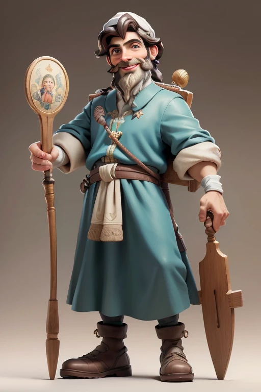 masterpiece, best quality, detailed face, a cartoon of young Saint Joseph smiling, wearing a jewish tunic, holding a walking cane, beard, (((full body))).