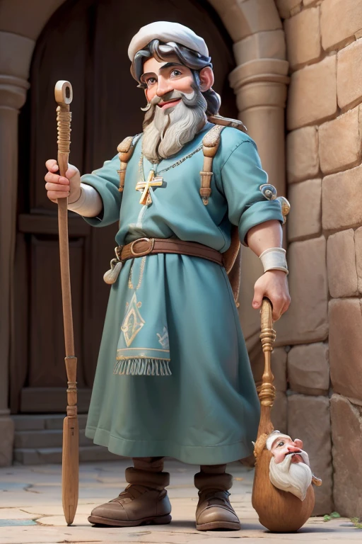 masterpiece, best quality, detailed face, a cartoon of young Saint Joseph smiling, wearing a jewish tunic, holding a walking cane, beard, (((full body))).