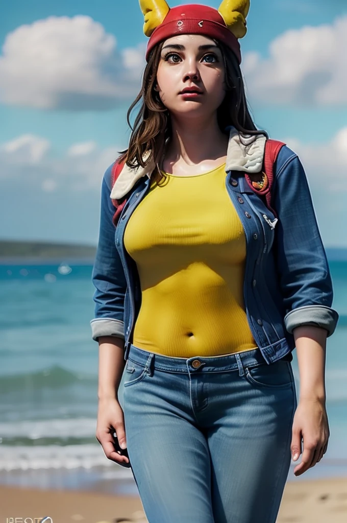 (8k, best quality, masterpiece:1.2), (realistic, photo-realistic:1.37), ultra-detailed, 1 girl,cute, solo, ,beautiful detailed eyes, (long hair:1.2), yellow one piece swimsuit, , red hat, chubby, blue denim jacket, on a beach