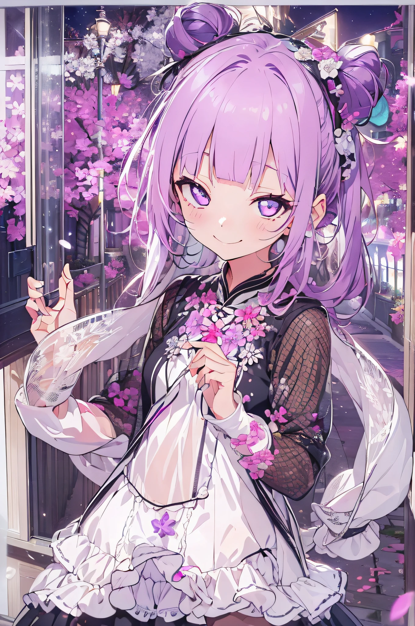 (((full body Esbian))), Best Quality, (((masutepiece))), (((beautiful detailed hair))), (((Beautiful detailed skin))), Solo, ***********, Younger, Lori, (((Purple hair))), Purple eyes, (mascara), Blunt bangs, ((hair over eyes)), Long hair, mixed pink hair、pink mesh color、medium breasts, frilld, Bun、Black clothes、White bread cover、(((white bun hair accessory cover))),white frills, Too much decoration, ((Black cheongsam)), faithfully, (((Eye focus))), (((A smile))), the background is blurred, Empty eyes, blank eye, Bedroom background, view the viewer, (((hair tucking))), (((Night))), Semi-closed eyes, close-up, (((hair adornments))), erect body, neatly cut bangs