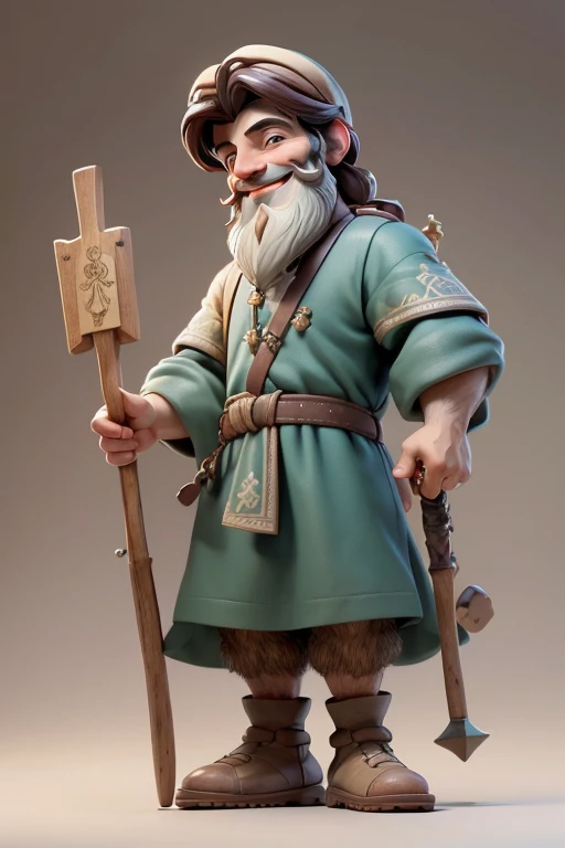 masterpiece, best quality, detailed face, a cartoon of young Saint Joseph smiling, beard, wearing a jewish tunic, holding a walking stick, (((full body))).