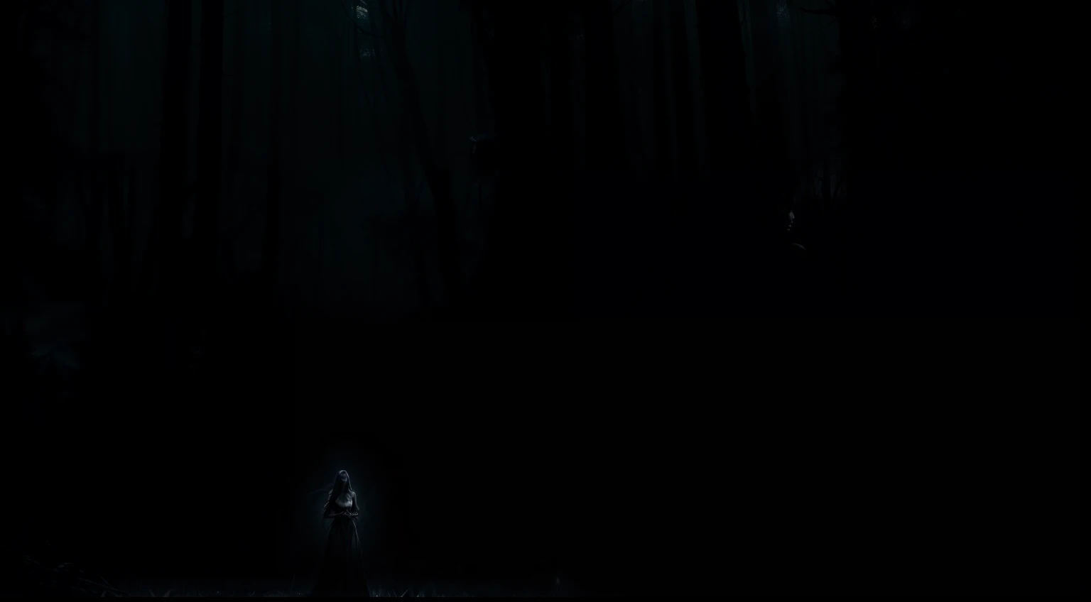 Araffed image of a woman in a dark forest with light, shines in her hair, an ominous fantasy illustration, dark fantasy style art, dark fantasy concept art, Dark matte fantasy painting, dark concept art, Dark Fantasy Illustration, dark fantasy artwork, in style of dark fantasy art, dramatic concept art, dark fantasy art, dark cinematic concept art