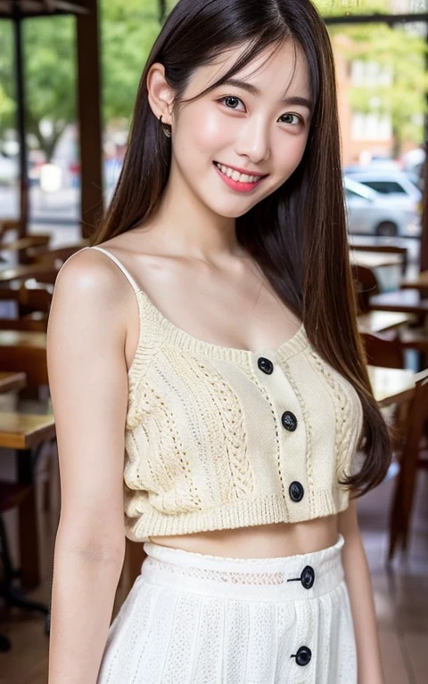 One girl, T-シャツ, 20-year-old Japanese, beautiful, cute face, pretty face, neat, smiling, 8-head body, height 165cm, weight 48kg, bust 83cm, waist 60cm, hips 82cm, selfie