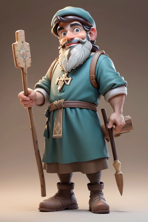 masterpiece, best quality, detailed face, a cartoon of young Saint Joseph smiling, beard, wearing a jewish tunic, holding a simple walking stick, (((full body))).