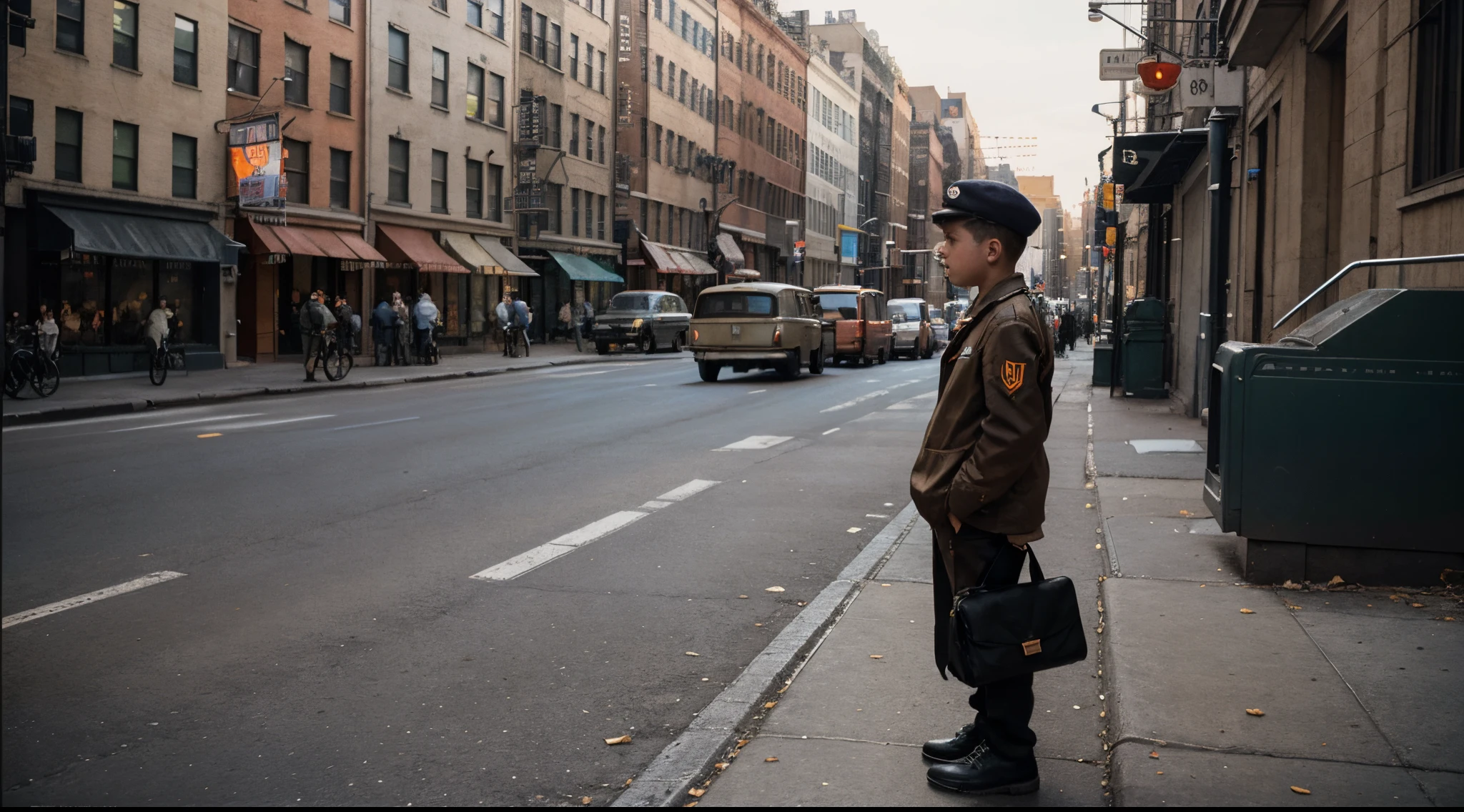 "A Small, Weak American Boy in Brooklyn, New York in 1920" Looking at a Poster on the Street by Syd Mead, Tangerine Color Palette with World War II Poster, Detailed, Soft Colors, 8k