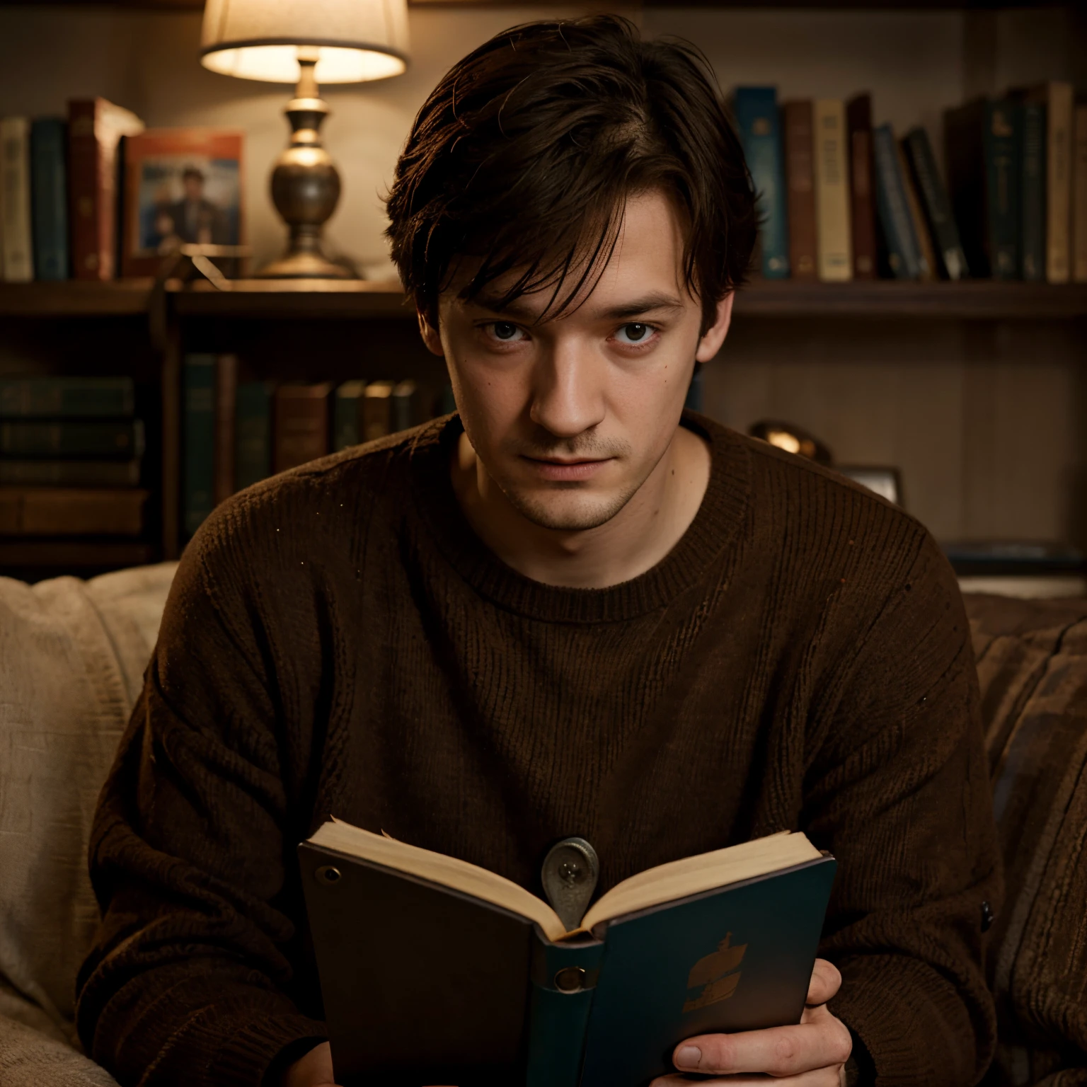 Remus Lupin in a brown warm sweater, reading a book, slightly scarred face